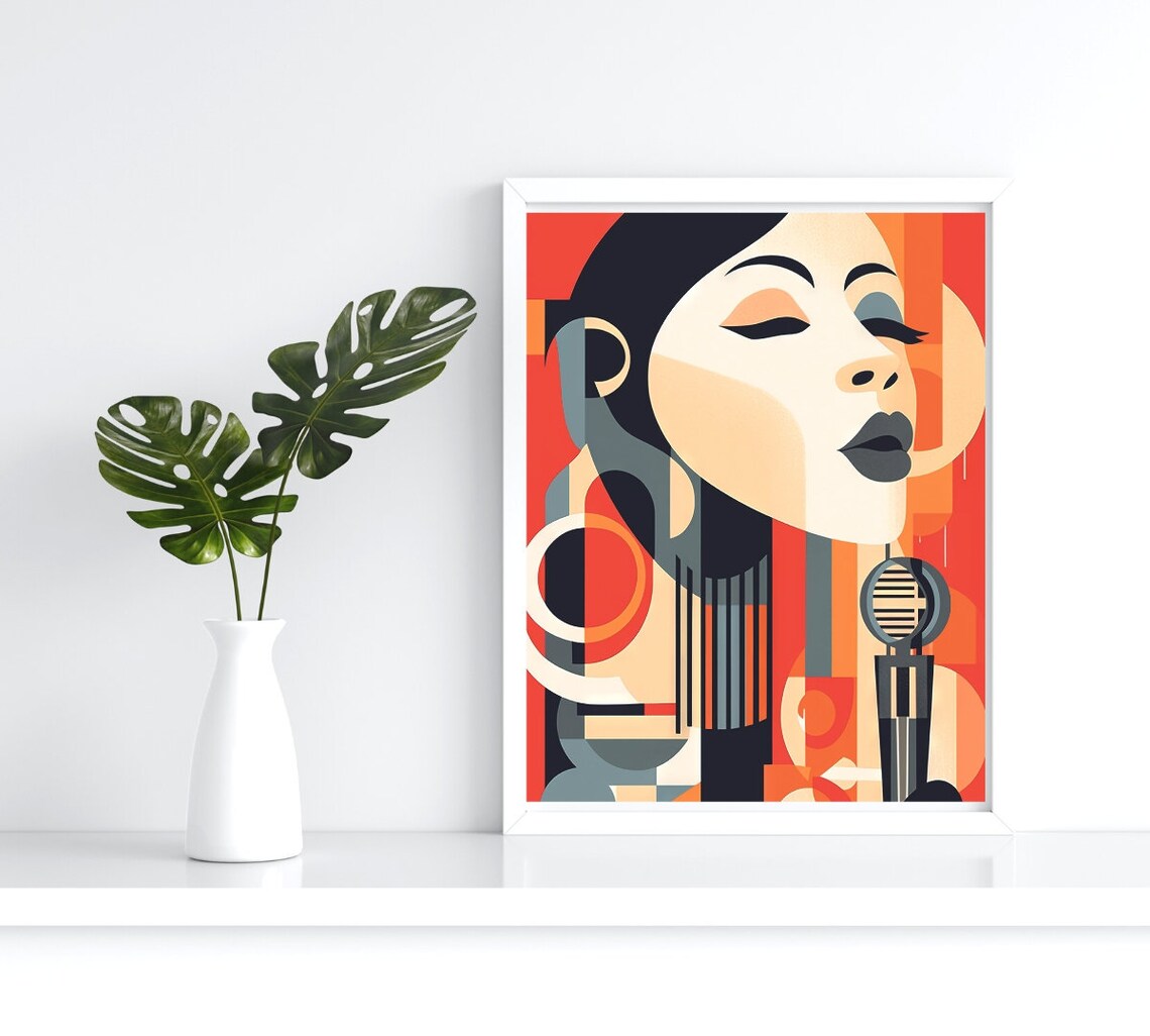 Art Deco Jazz Singer Retro Microphone Red Orange Music Art Poster