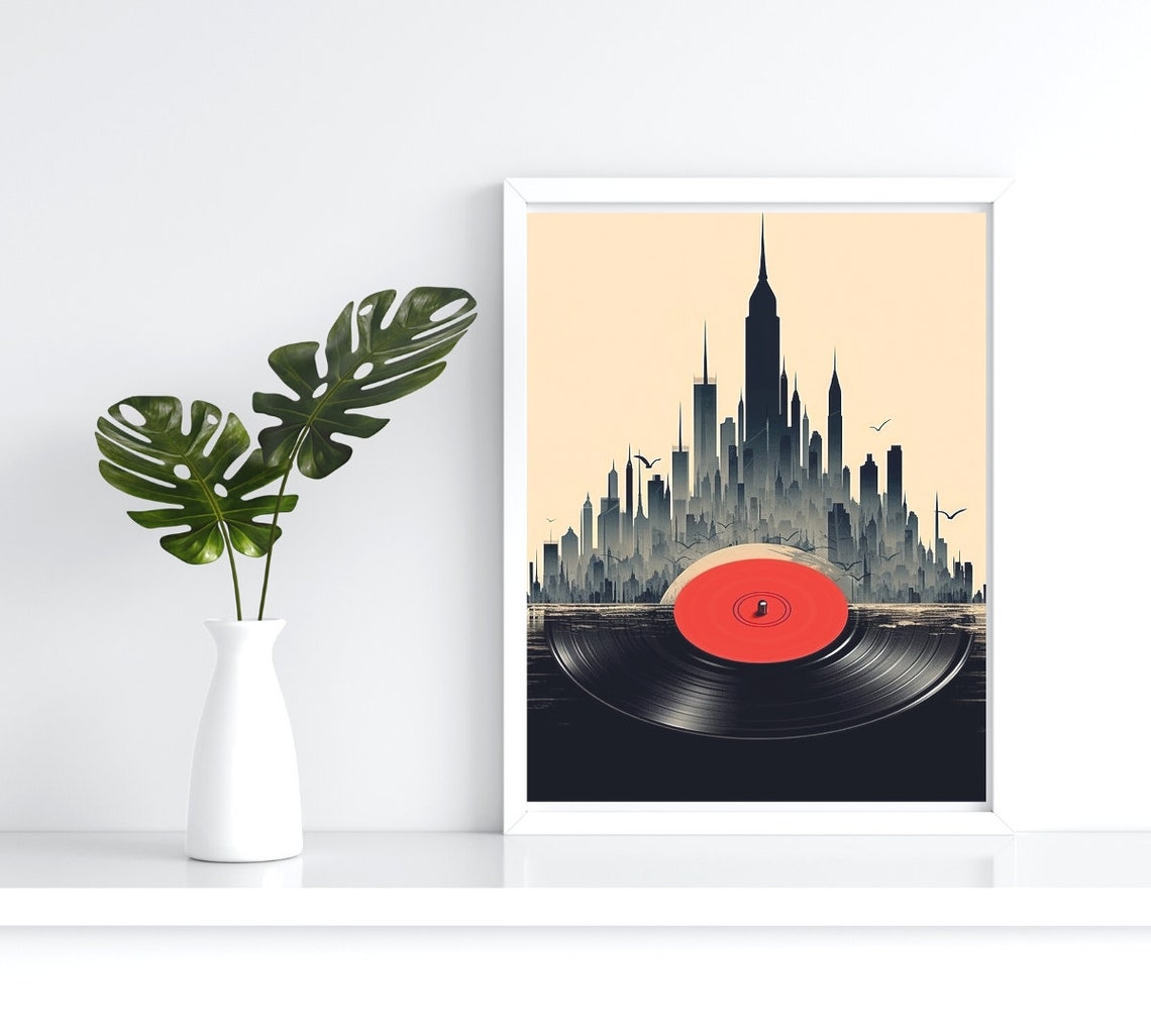 New York Skyline Vinyl Record Poster NYC Cityscape Music Art Decor