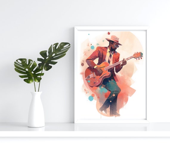 Watercolor Man Playing Guitar Music Wall Art African Poster Instrument Prints