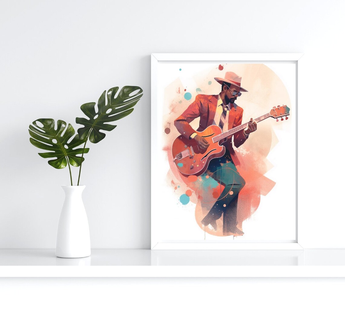 Guitarist Playing Guitar Watercolor Hat Warm Orange Musician Art Poster