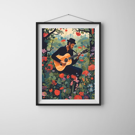 Guitar Player in Flower Garden Poster Folk Art Musician Botanical Painting