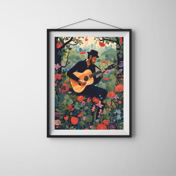Man Playing Guitar With Flowers Flower Painting And Print