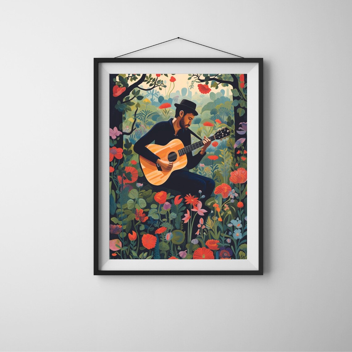 Guitar Player in Flower Garden Poster Folk Art Musician Botanical Painting