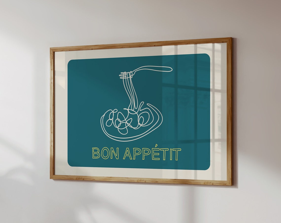 Bon Appetit Teal Spaghetti Line Art French Kitchen Dinner Poster