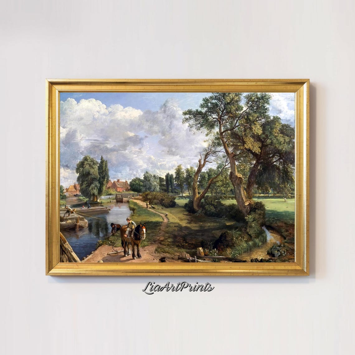Horse and Rider by the River with Barges Vintage Landscape Poster - Image 2