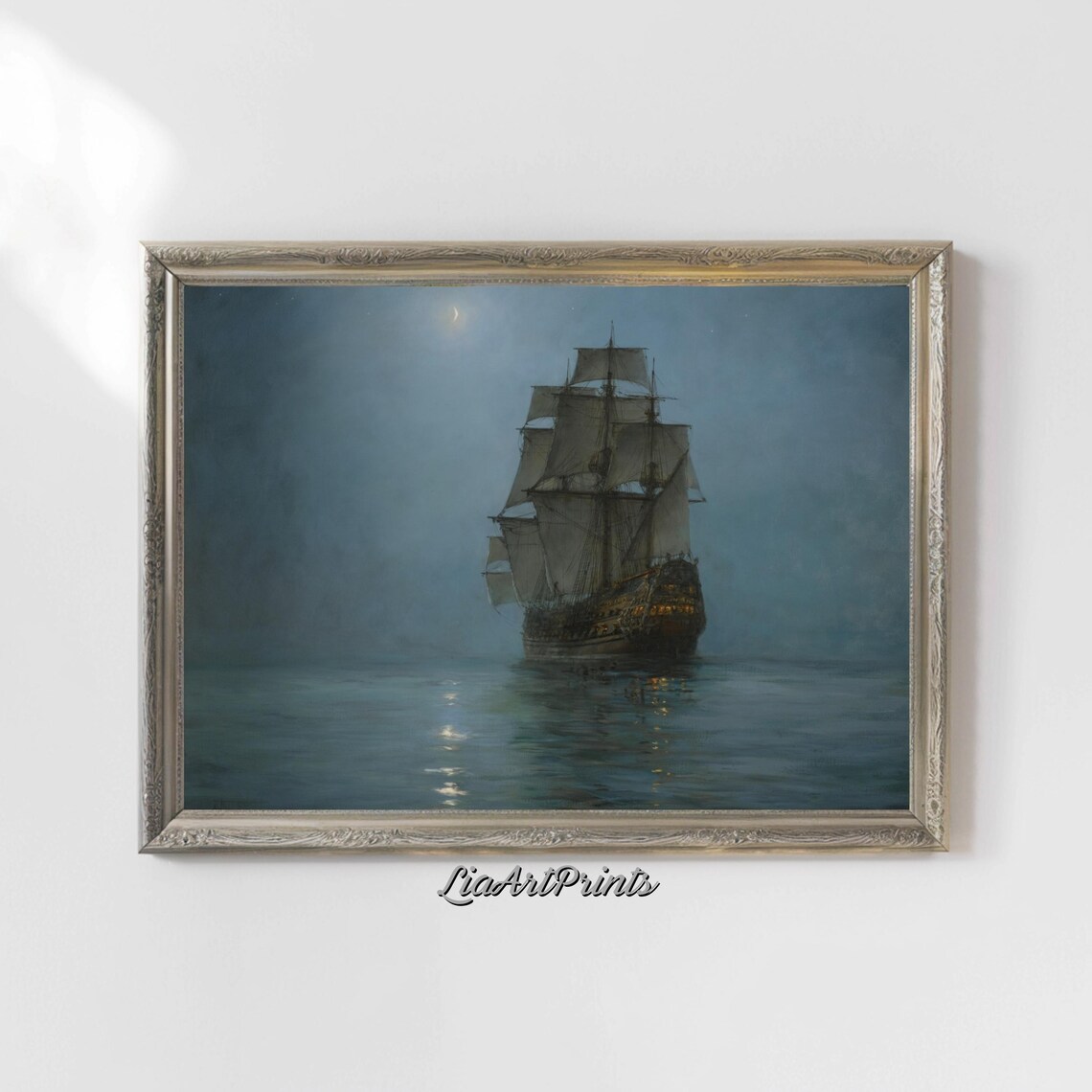 Majestic Ship Under Moonlight, Nautical Art Print - Image 4