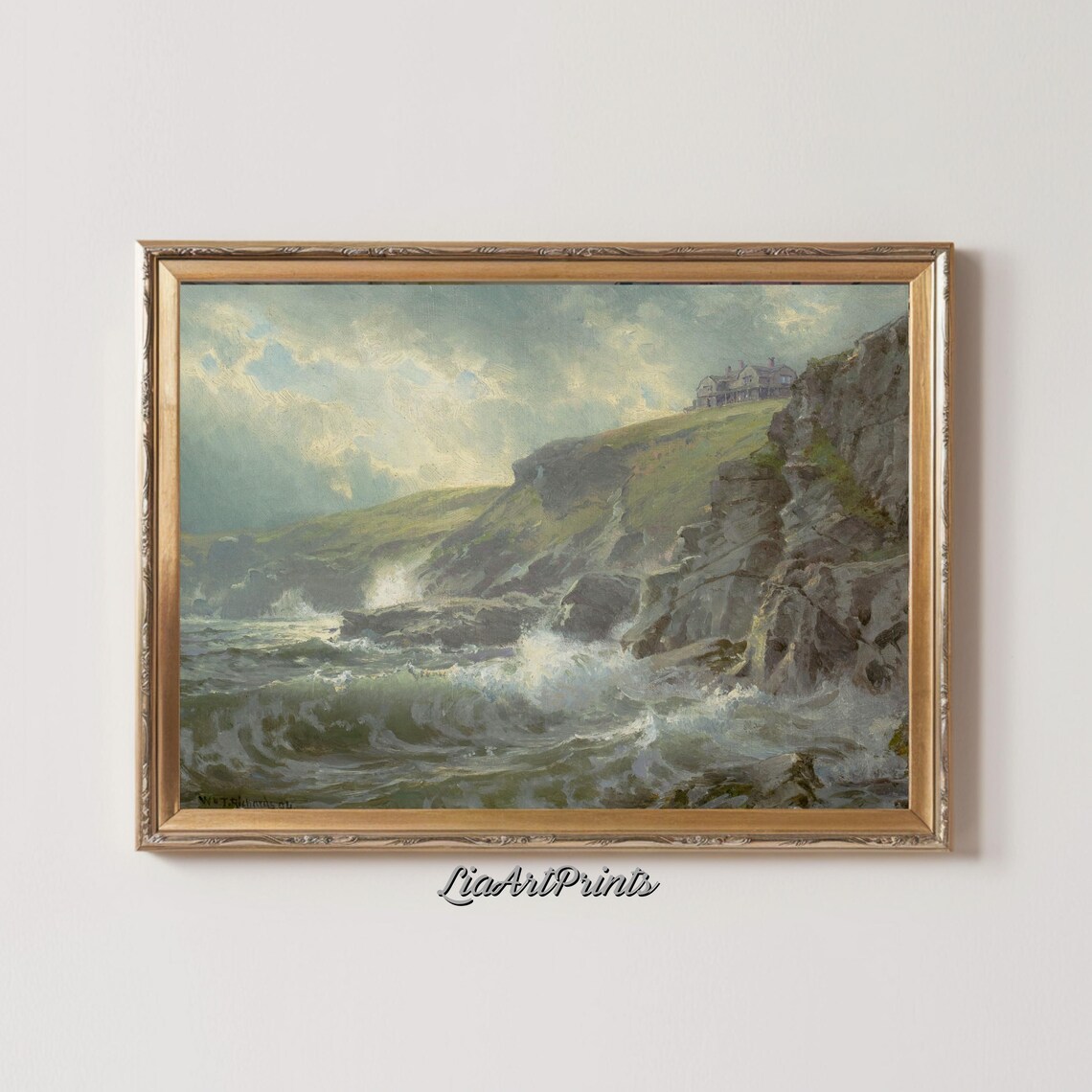 Coastal Cliffs Crashing Waves House On Clifftop Dramatic Seaside Poster - Image 2