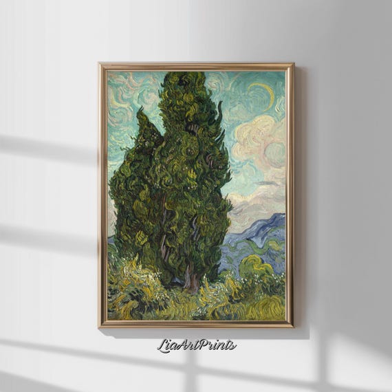 Van Gogh Cypress Trees, Impressionist Landscape