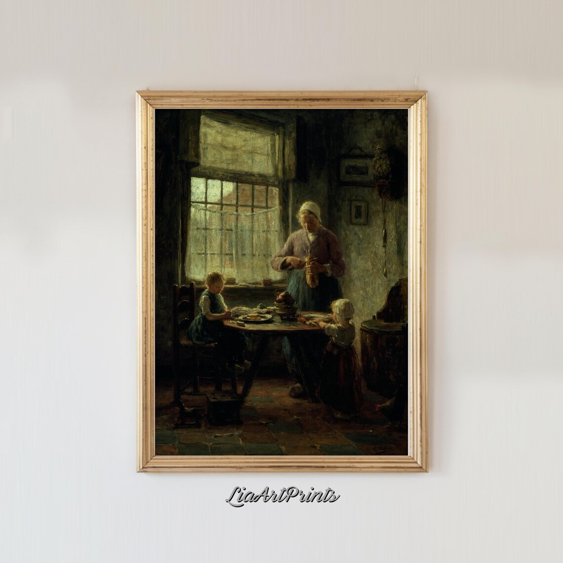 Mother Serving Children by a Sunlit Window Dutch Interior Scene Poster - Image 3