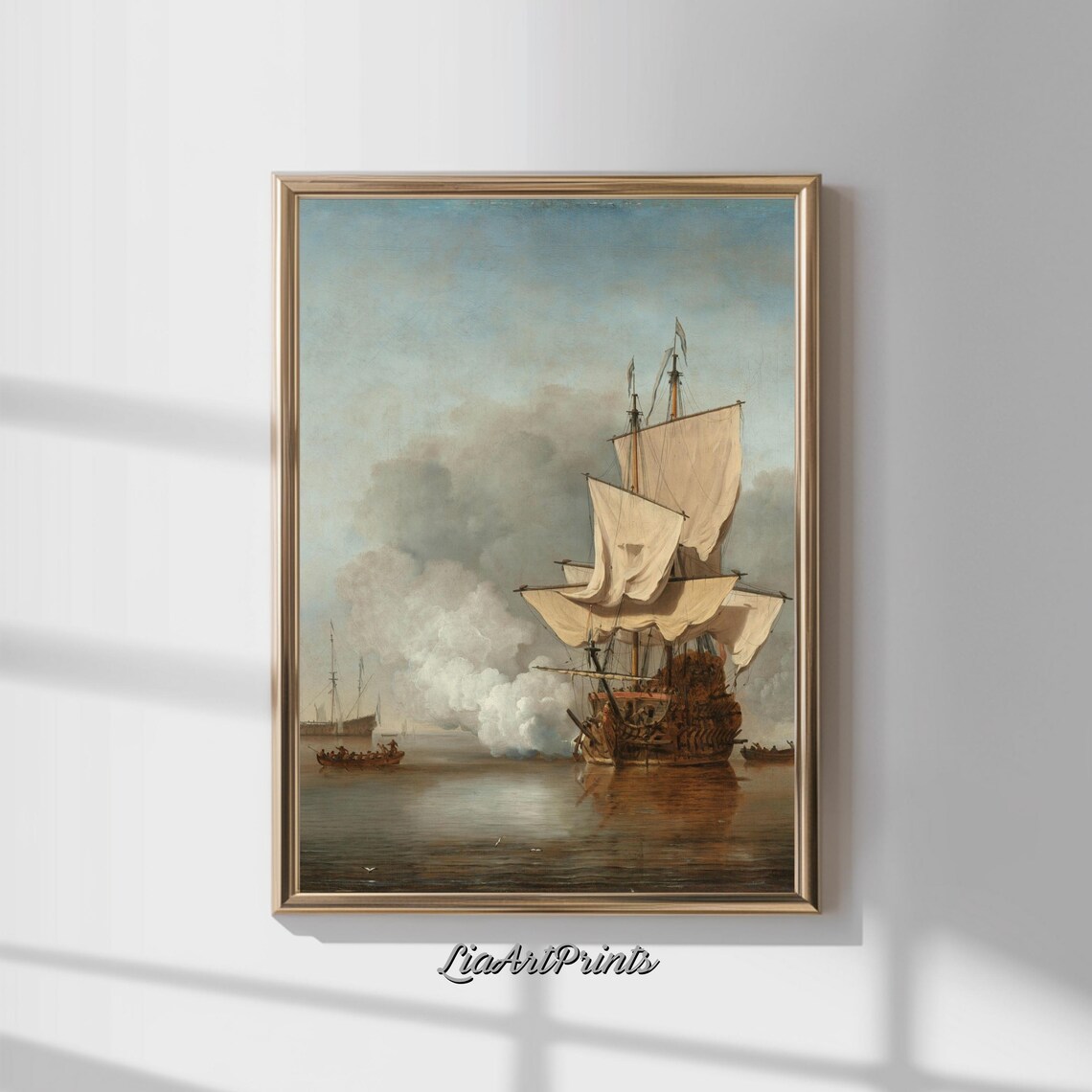 Tall Ship Cannon Salute Full Sails Antique Nautical Maritime Painting Poster
