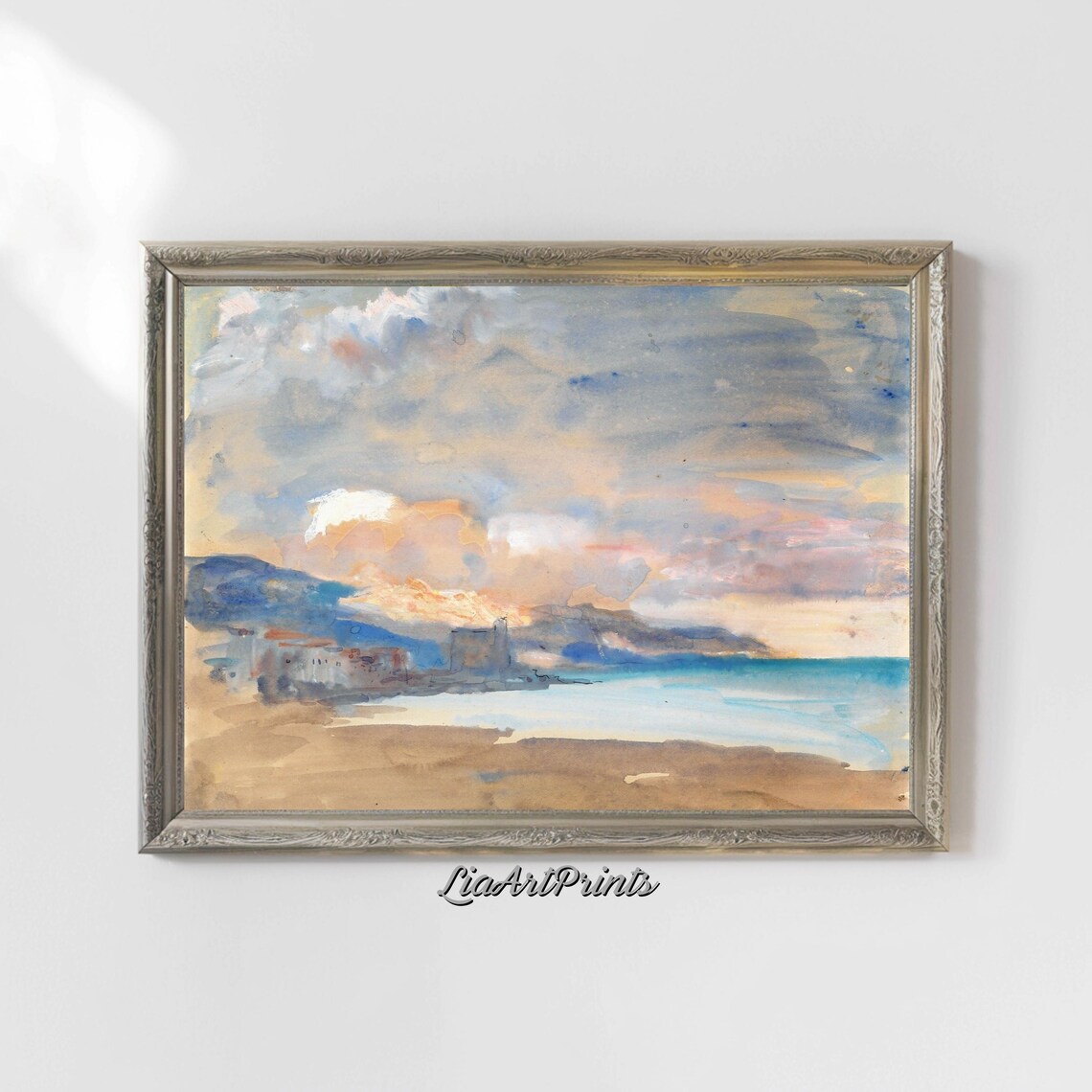 Tranquil Coastal Sunset Watercolor Seaside Village and Mountain Poster - Image 4