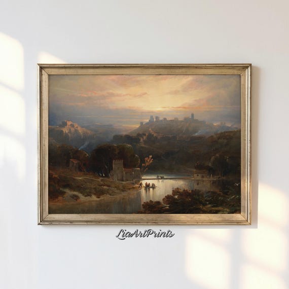 Vintage Landscape Wall Art Golden Sunset Over A Peaceful River Art Classic Framed Artwork For Home Decor