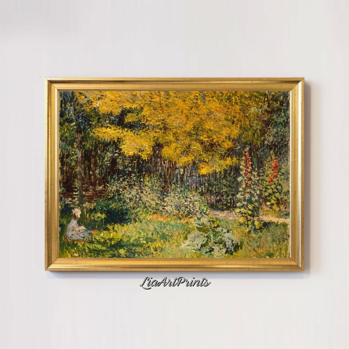 Golden Tree Garden Painting Impressionist Nature Scene Serene Outdoor Wall Art - Image 3