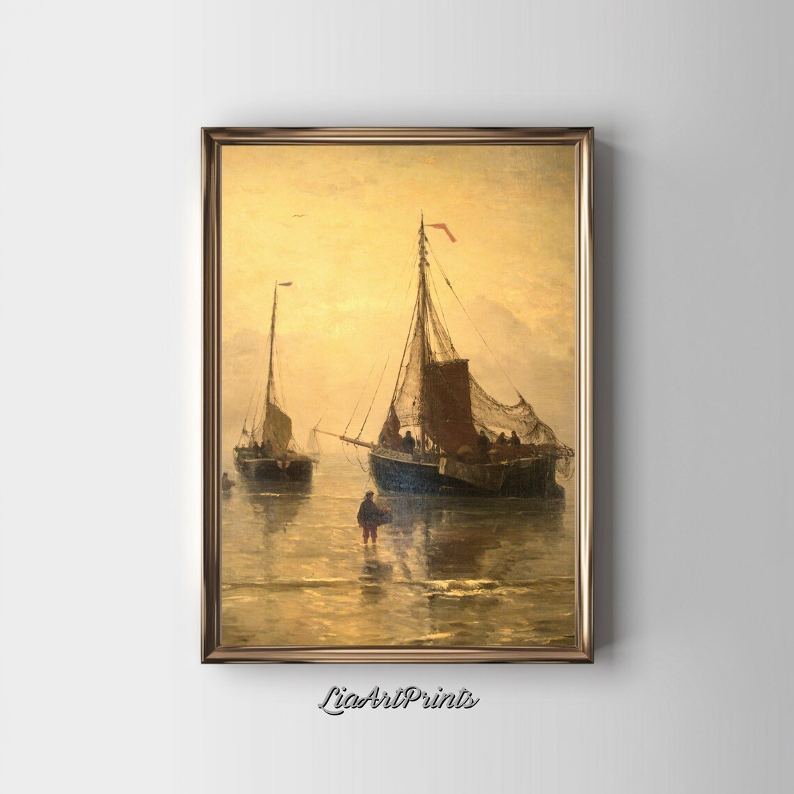 Golden Hour Fishing Boats At Anchor Misty Maritime Dutch Seascape Poster - Image 3