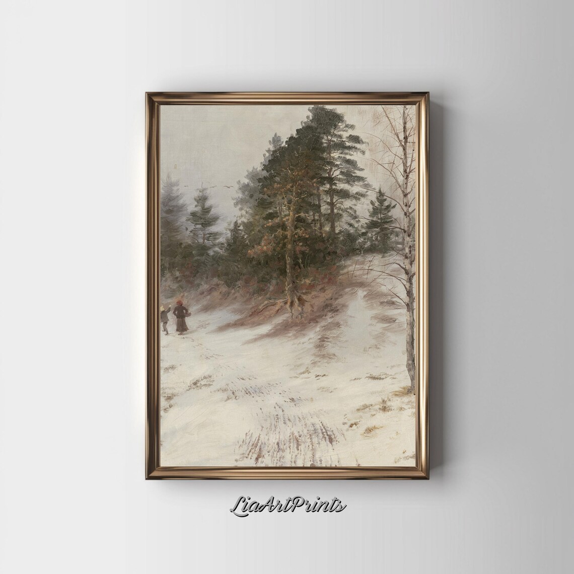 Winter Stroll Through a Snowy Forest with Two Figures Vintage Snow Print - Image 3