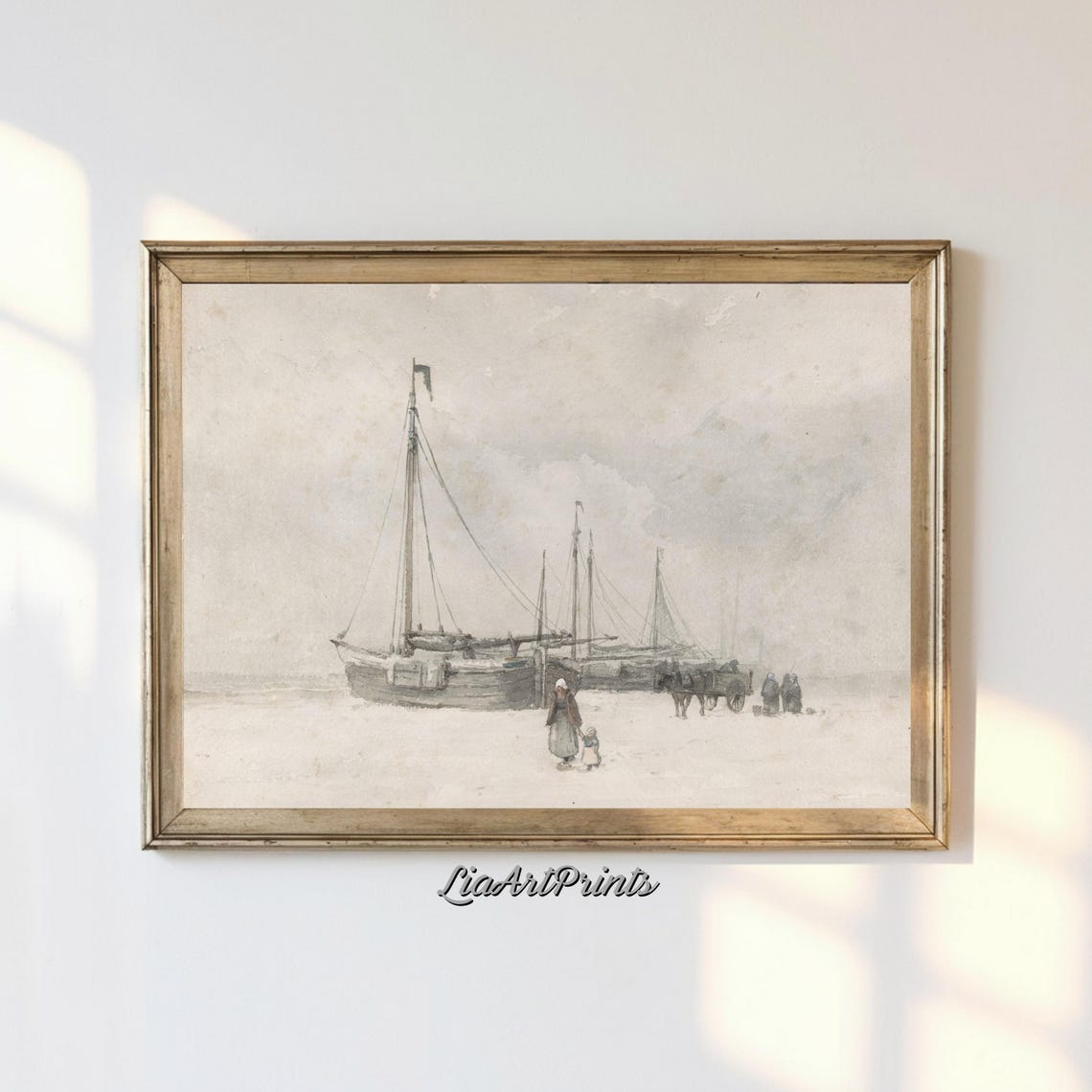Vintage Harbor Sketch Beached Boats with Figures Minimalist Art Poster