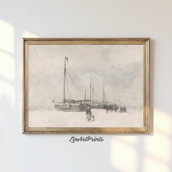 Vintage Harbor Sketch Beached Boats with Figures Minimalist Art Poster