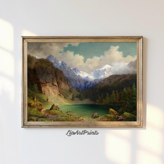Mountain Lake Wall Art Scenic Landscape Print Vintage Nature Artwork For Home Decor