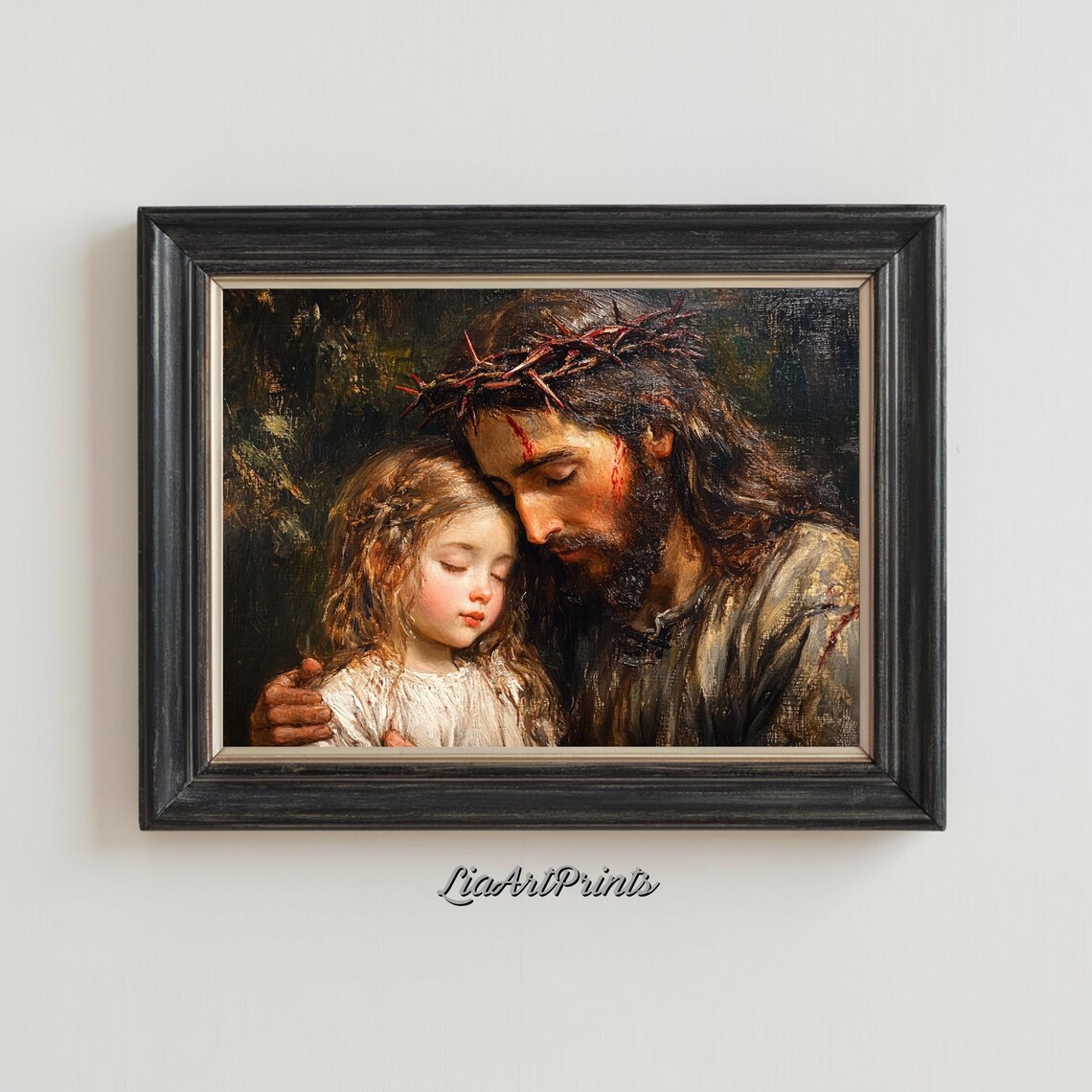 Jesus with Crown of Thorns Embracing Child Religious Oil Painting Poster - Image 3