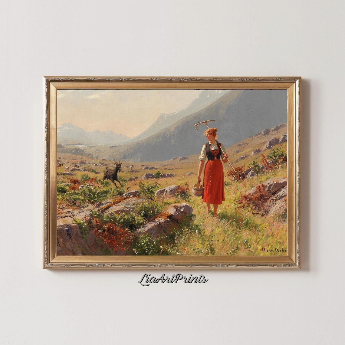 Mountain Shepherdess In Blooming Valley Pastoral Scene With Mountains Vibrant Countryside Wall Art - Image 2