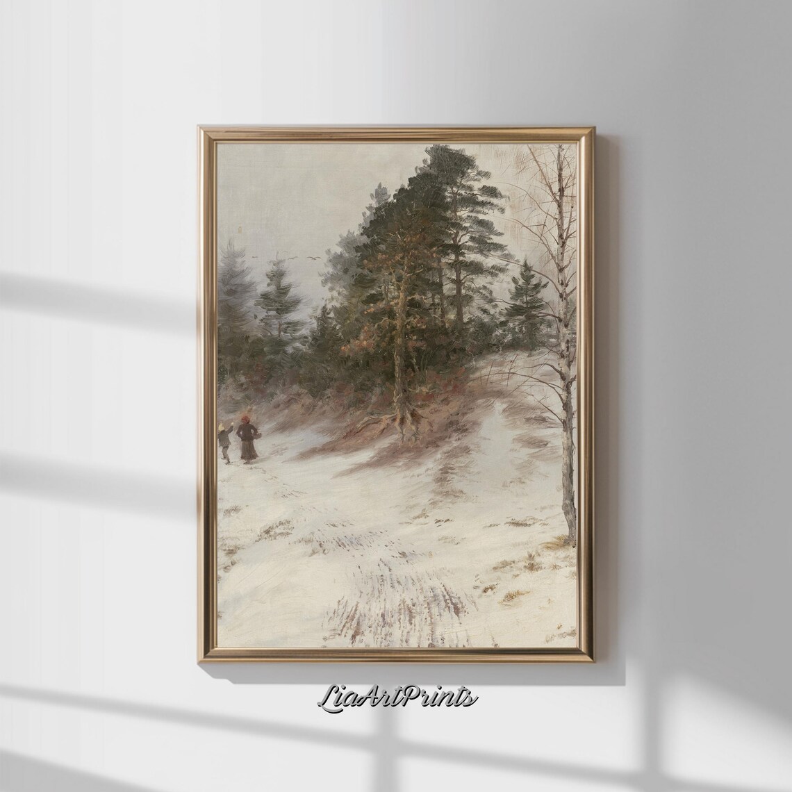 Winter Stroll Through a Snowy Forest with Two Figures Vintage Snow Print