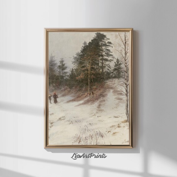 Winter Stroll Through a Snowy Forest with Two Figures Vintage Snow Print