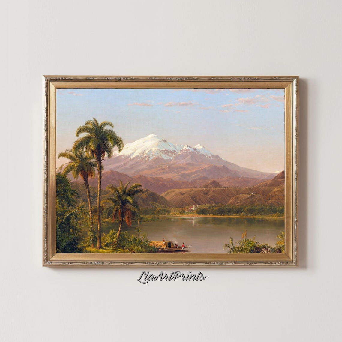Tropical Palm Lake with Snow Capped Volcano Mountain View Poster - Image 2