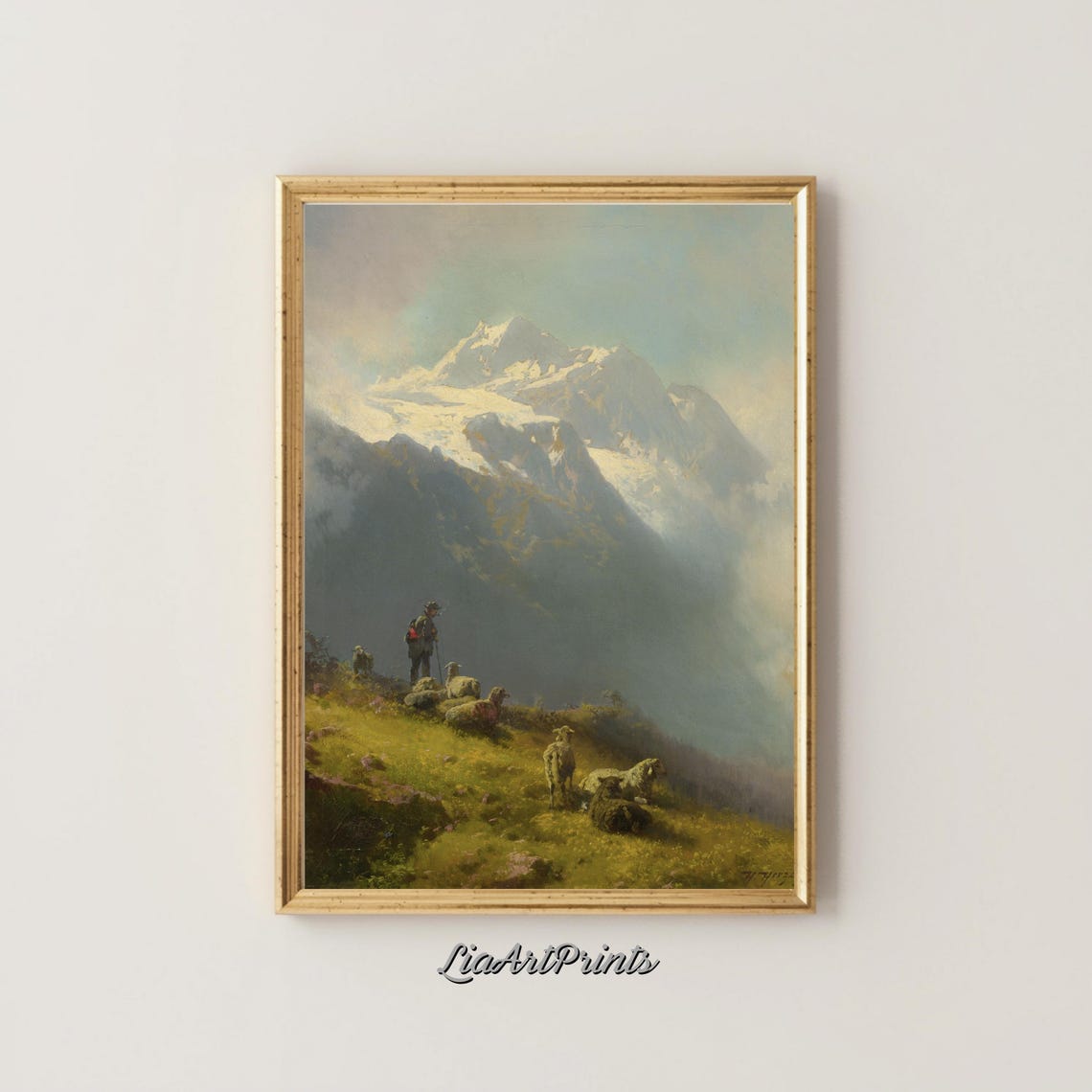 Alpine Shepherd with Sheep before a Snow Capped Mountain Peak Poster - Image 4