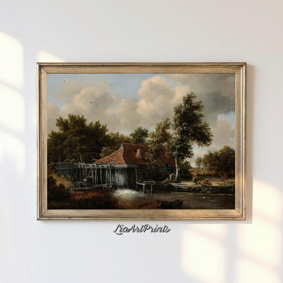 Vintage Watermill Landscape Print Rustic Nature Wall Decor Framed Artwork Country Scene Art Artwork