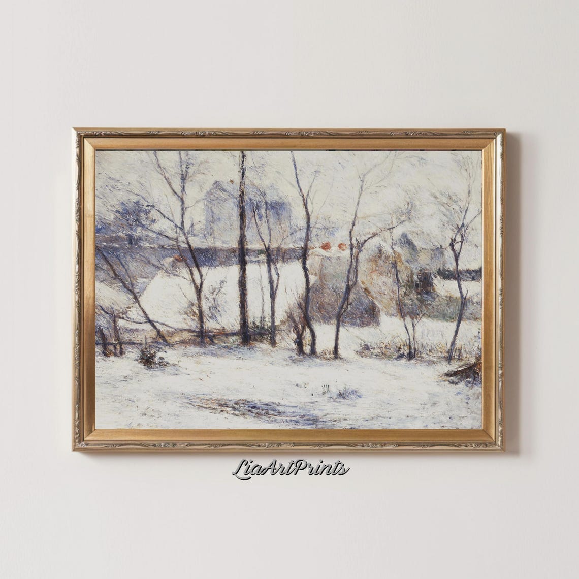 Snowy Village Winter Bare Trees Impressionist White Landscape Poster - Image 2