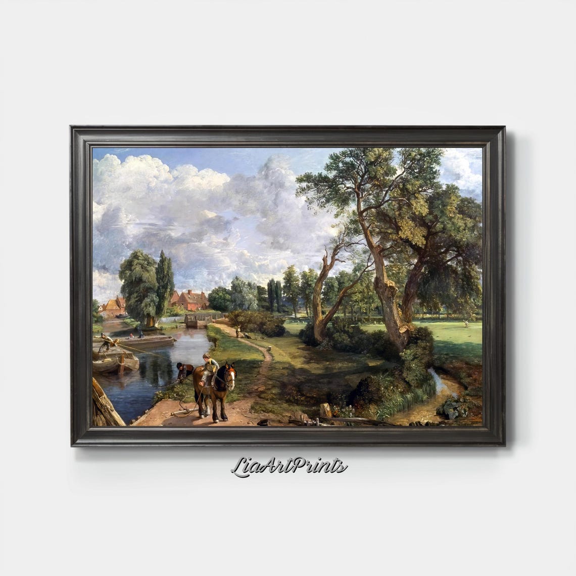 Horse and Rider by the River with Barges Vintage Landscape Poster - Image 3