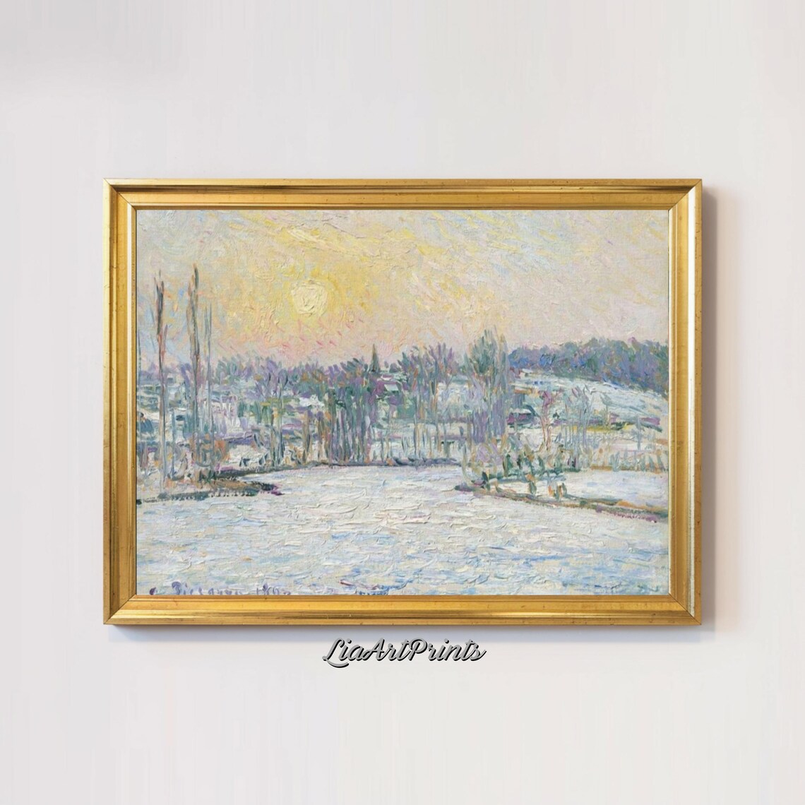 Winter Sunrise Frozen Pond Frosty Trees Impressionist Snow Landscape Poster - Image 2