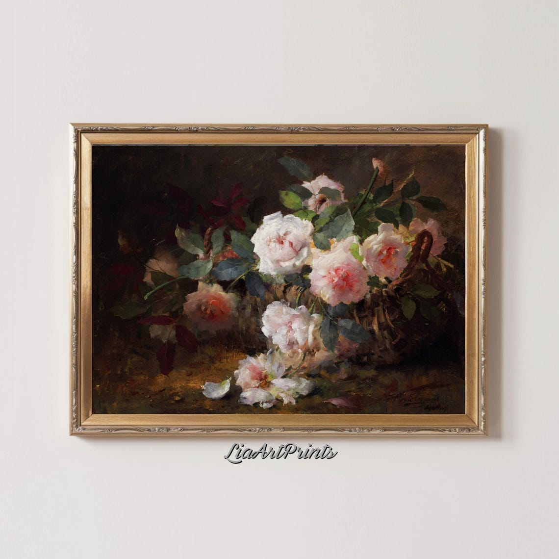 Vintage Pink Roses Wicker Basket Moody Floral Still Life Poster - Image 2