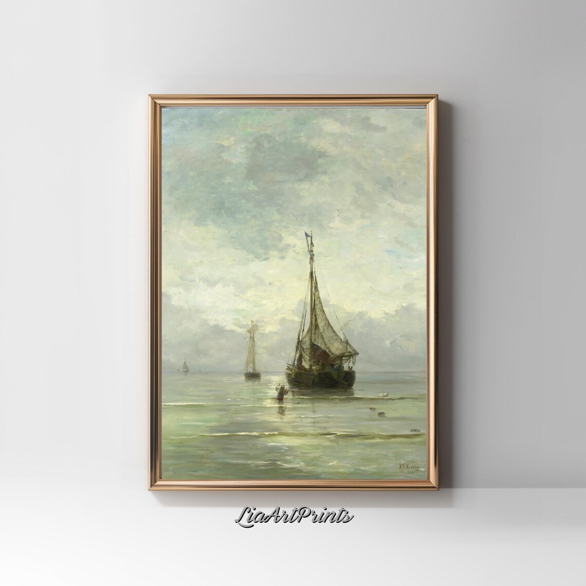 Serene Fishing Boats at Dawn on a Calm Sea Vintage Maritime Oil Print - Image 4