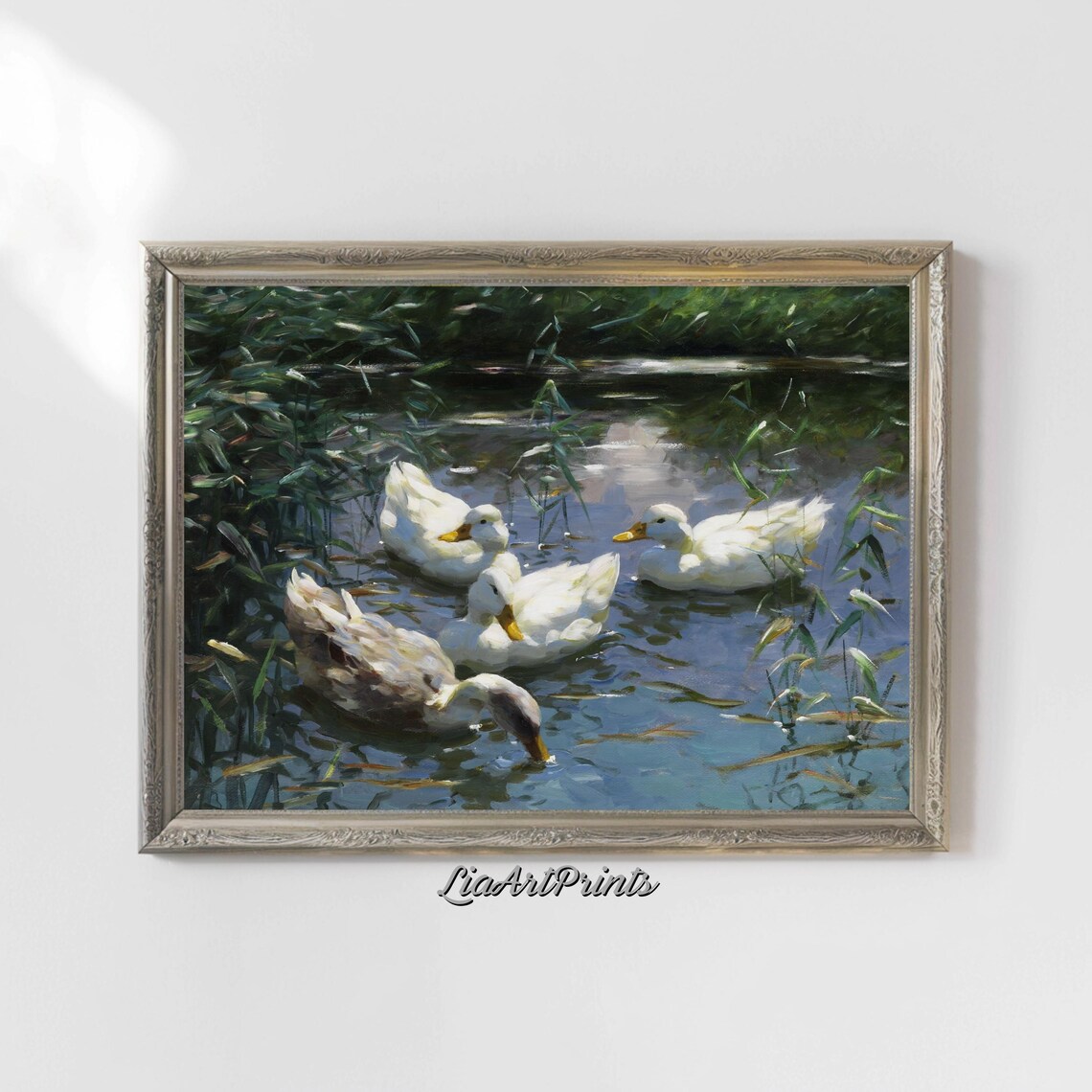 White Ducks on Pond Vintage Oil Painting with Reeds and Water Poster - Image 4