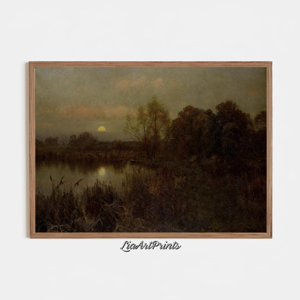 Golden Moon Over a Still Lake at Dusk Dark Moody Landscape Poster - Image 3