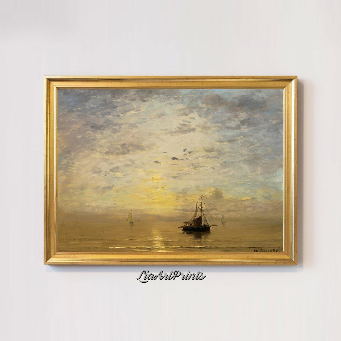 Sunset Over Tranquil Waters Sailing Boats In Golden Light Maritime Oil Painting - Image 3