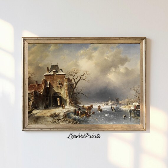 Snowy Winter Ice Skating Scene Old Gatehouse Windmill Poster