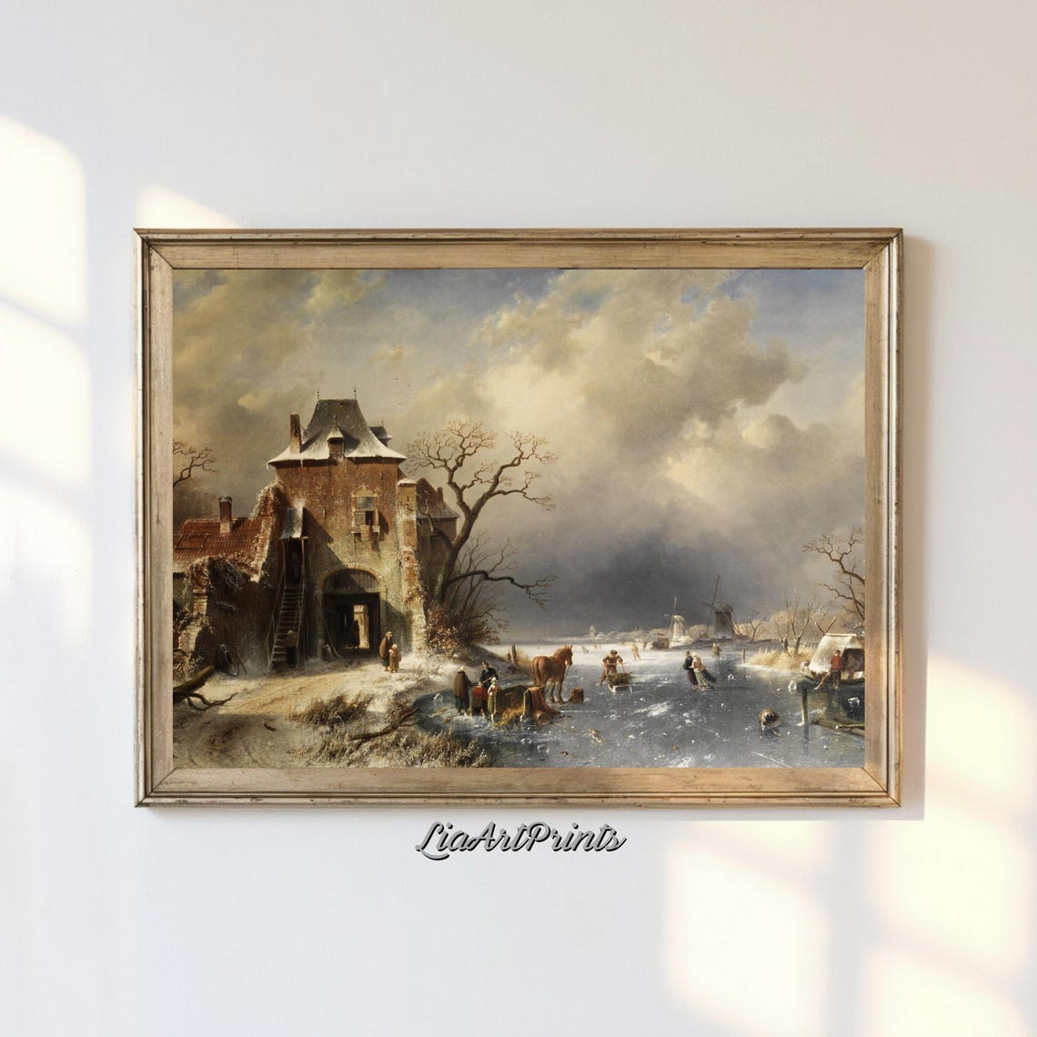 Snowy Winter Ice Skating Scene Old Gatehouse Windmill Poster