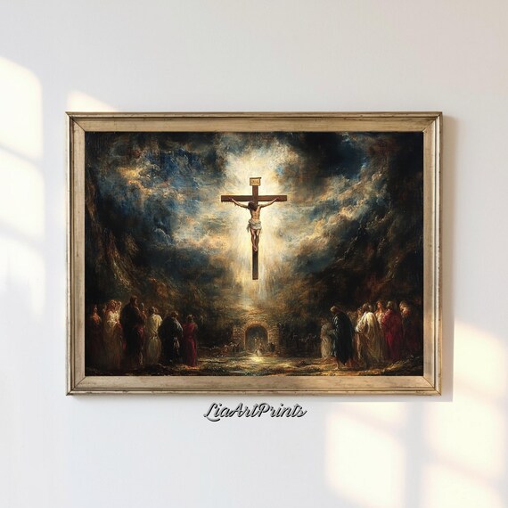 The Crucifixion Dramatic Cross Divine Light Mourners Religious Art Poster