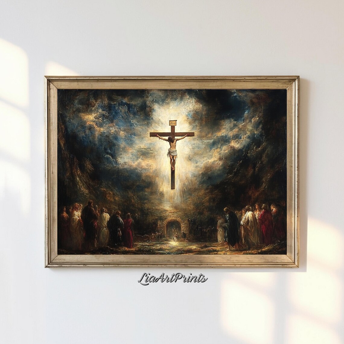 The Crucifixion Dramatic Cross Divine Light Mourners Religious Art Poster