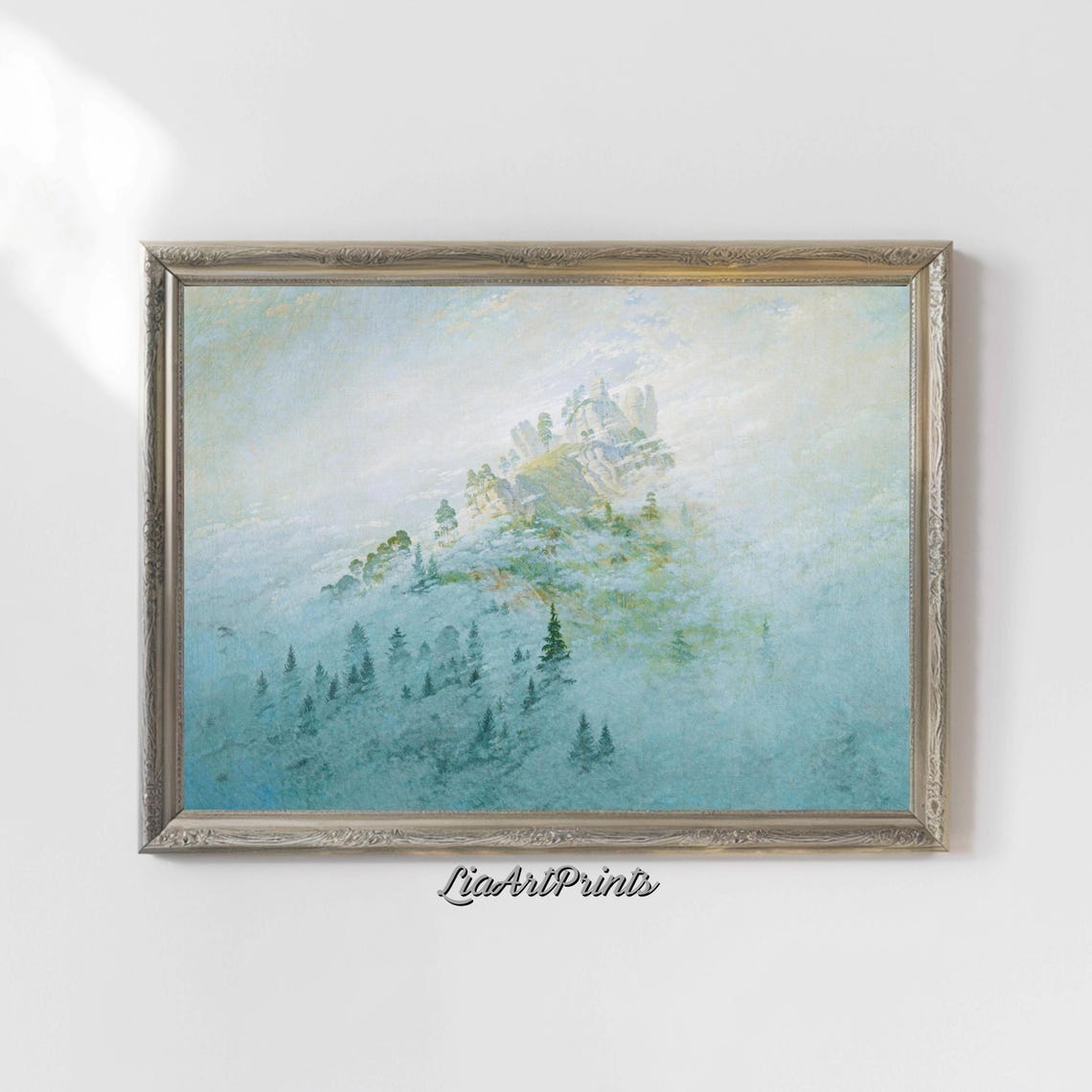 Dreamy Misty Alpine Peak Rising through Fog with Pine Trees Poster - Image 4