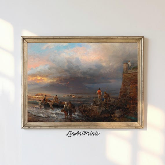 Sunset By The Bay With Mount Vesuvius Maritime Scene With Fishermen