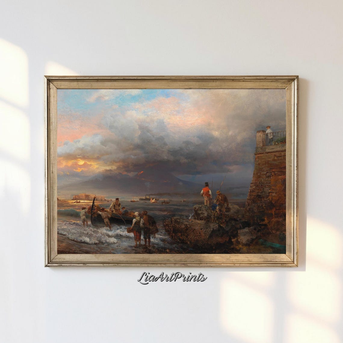 Sunset By The Bay With Mount Vesuvius Maritime Scene With Fishermen