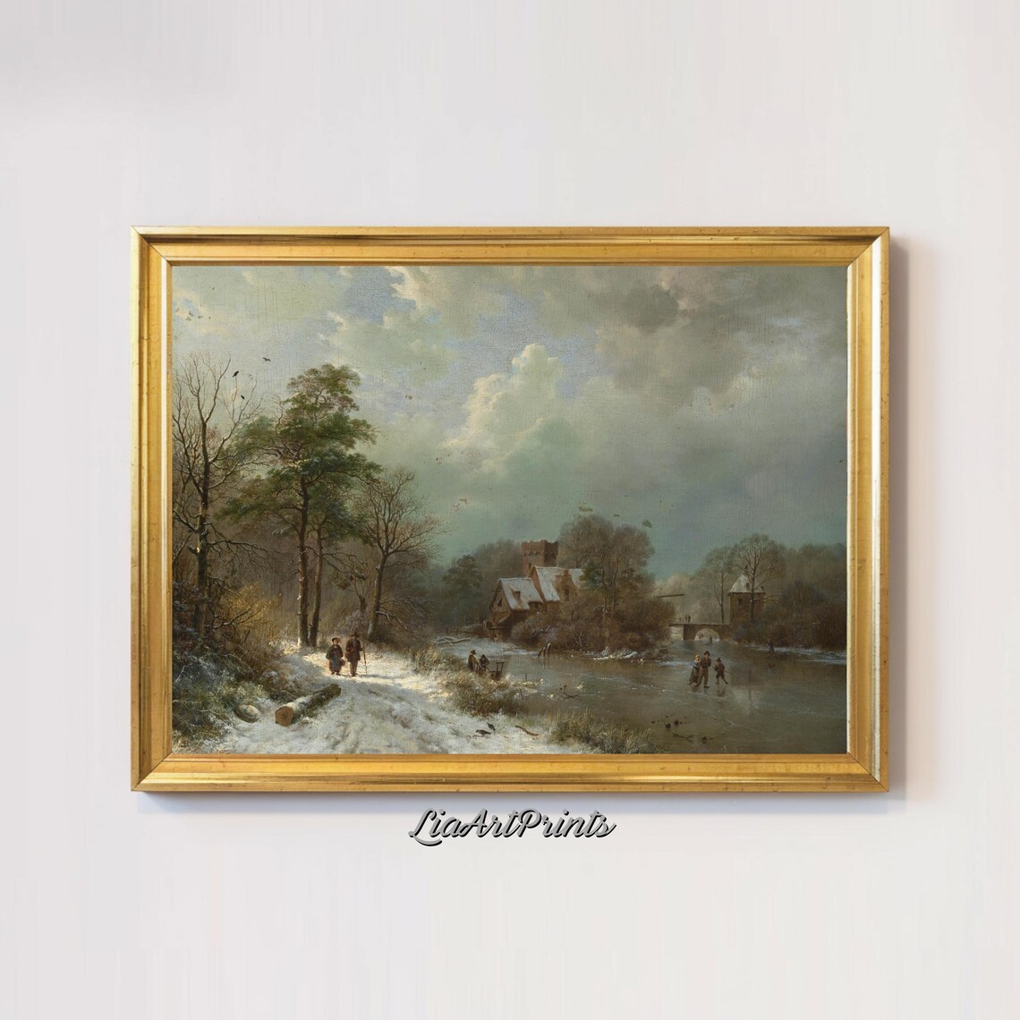 Winter Landscape With Ice Skaters, Rustic Village - Image 2