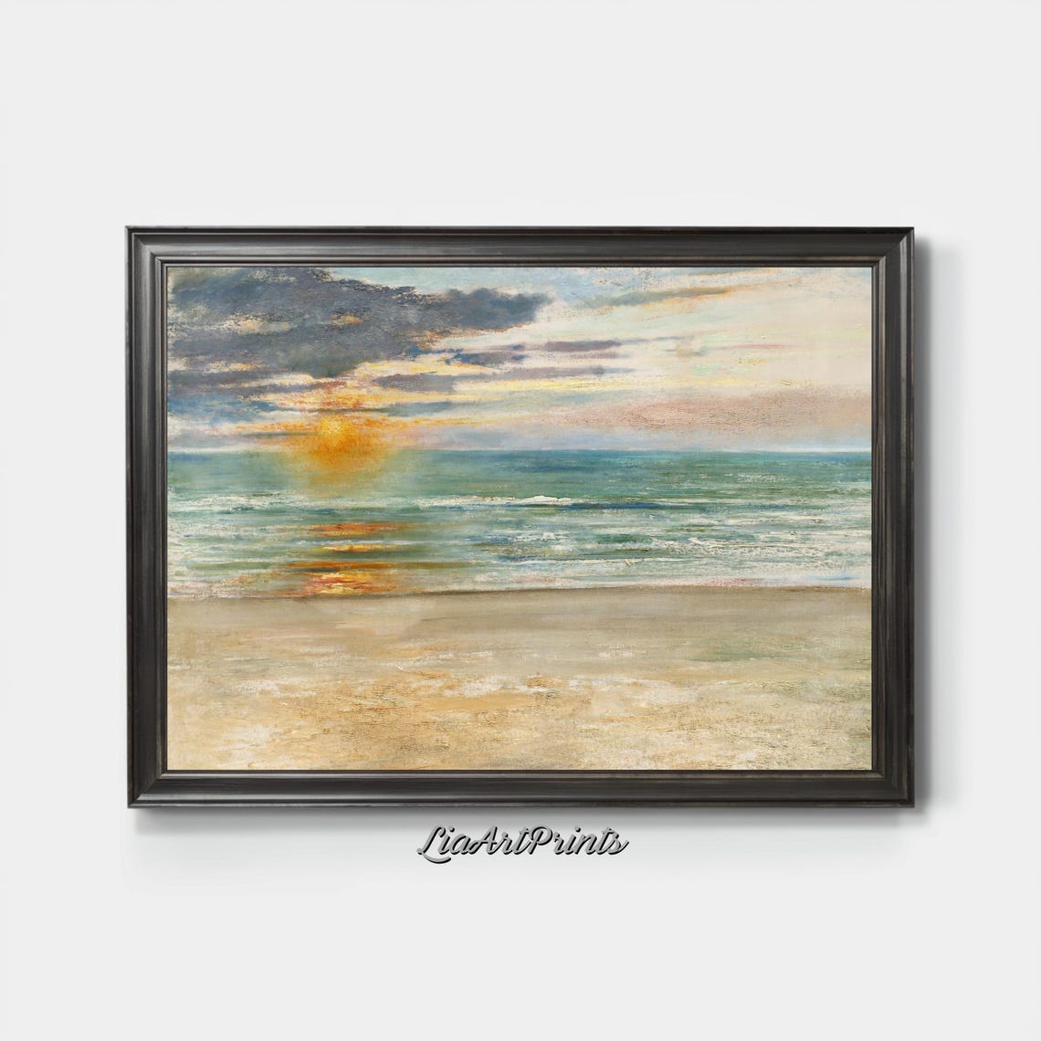 Impressionist Beach Sunrise with Golden Sun over Ocean Waves Poster - Image 3