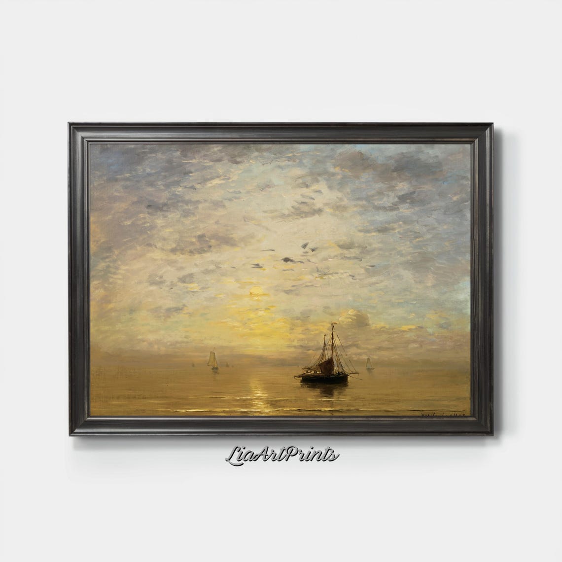 Sunset Over Tranquil Waters Sailing Boats In Golden Light Maritime Oil Painting - Image 4