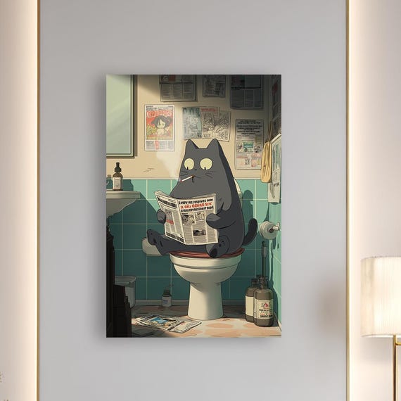 Funny Toilet Cat Canvas Print Whimsical Bathroom Humor
