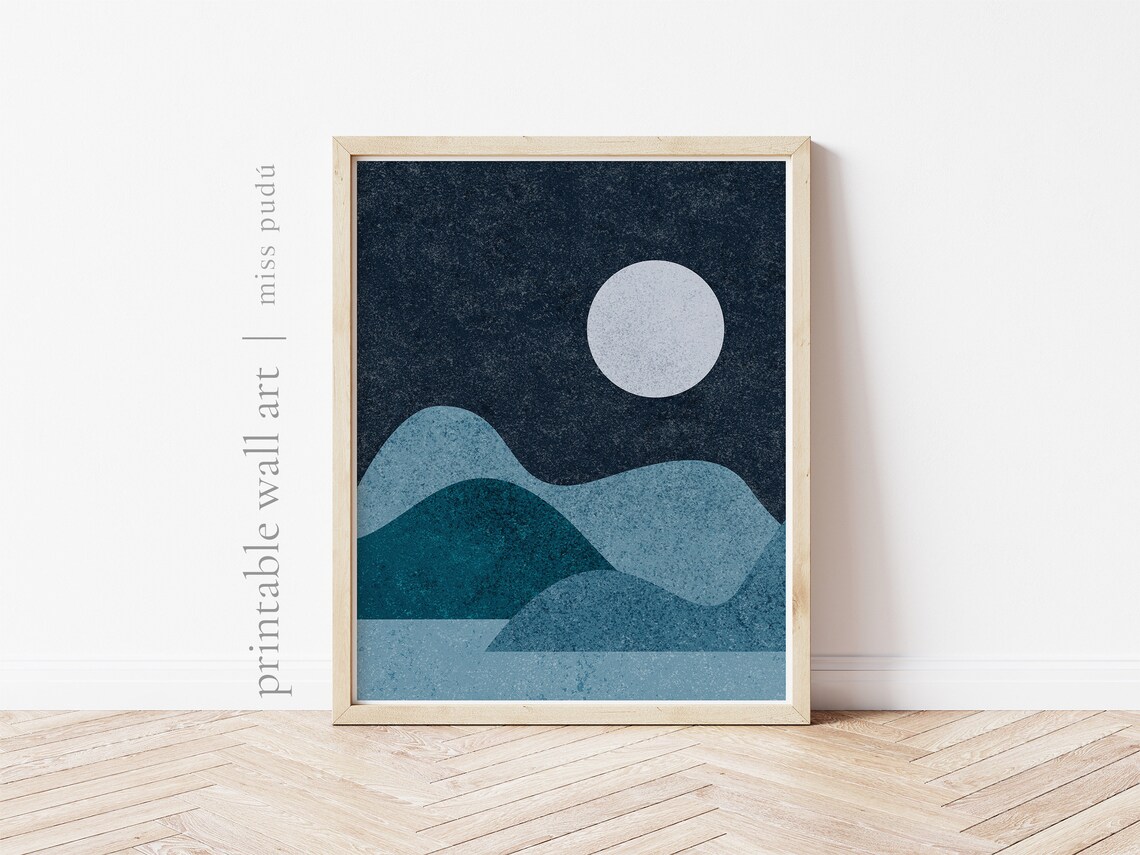 Abstract Night Mountains Blue Moon Minimalist Landscape Poster - Image 3