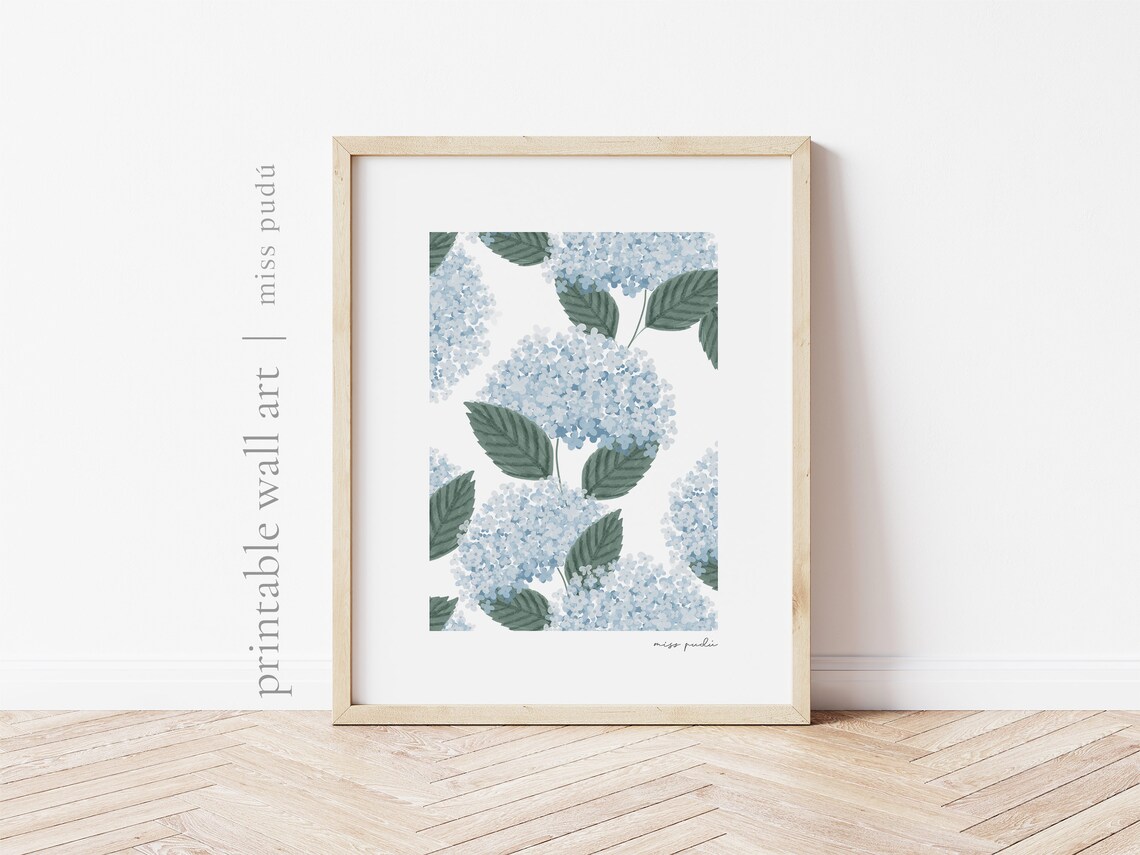 Blue Hydrangea Illustration, Cottagecore Botanical Art Print
